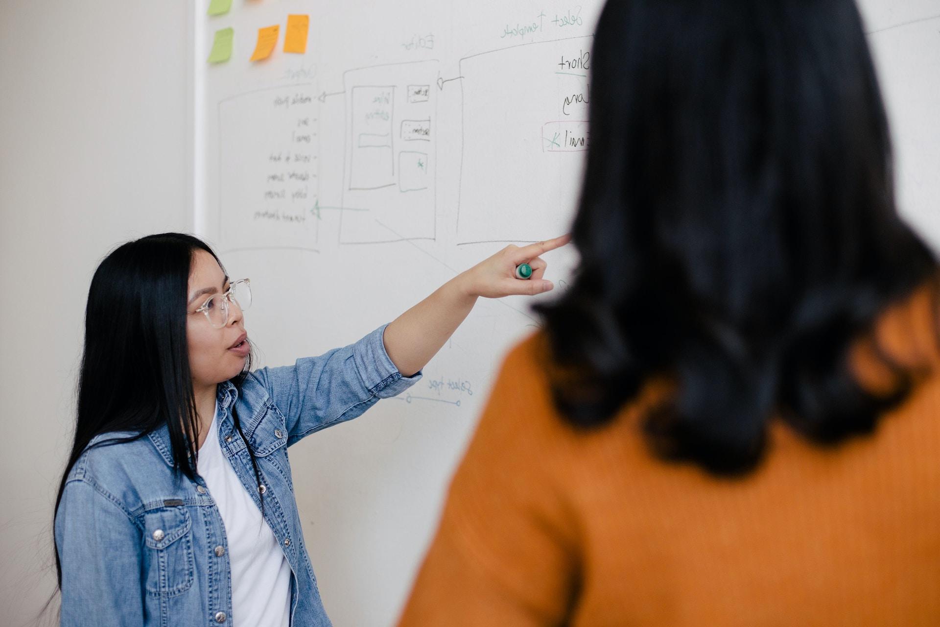 Woman pointing at a dry erase board