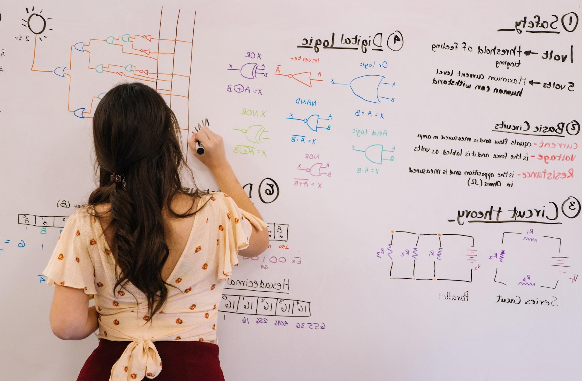 Woman writing on a white board