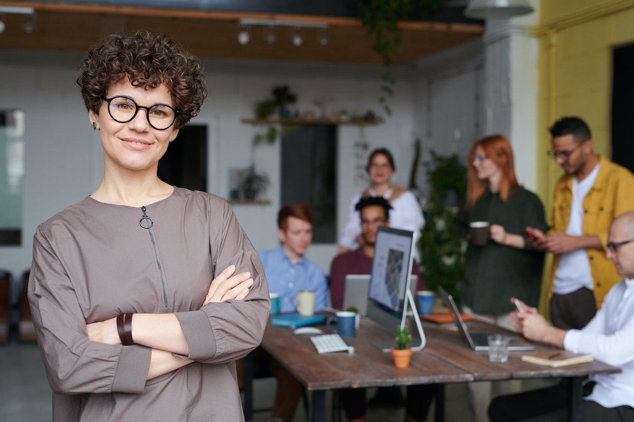 a group of people in an office